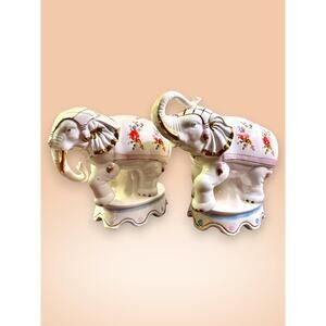 Vintage Porcelain Circus Elephant Pair With Gold Trim And Floral Accents 7 Inch